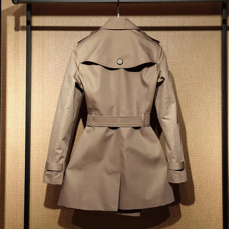 Women's khaki polyester trench coat with double-breasted front and flight sleeves