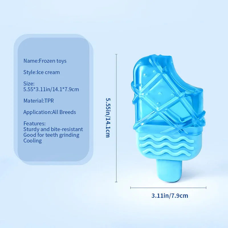 Set of three water-filled dog cooling toys: a blue pacifier, a red popsicle, and a green ring shape.