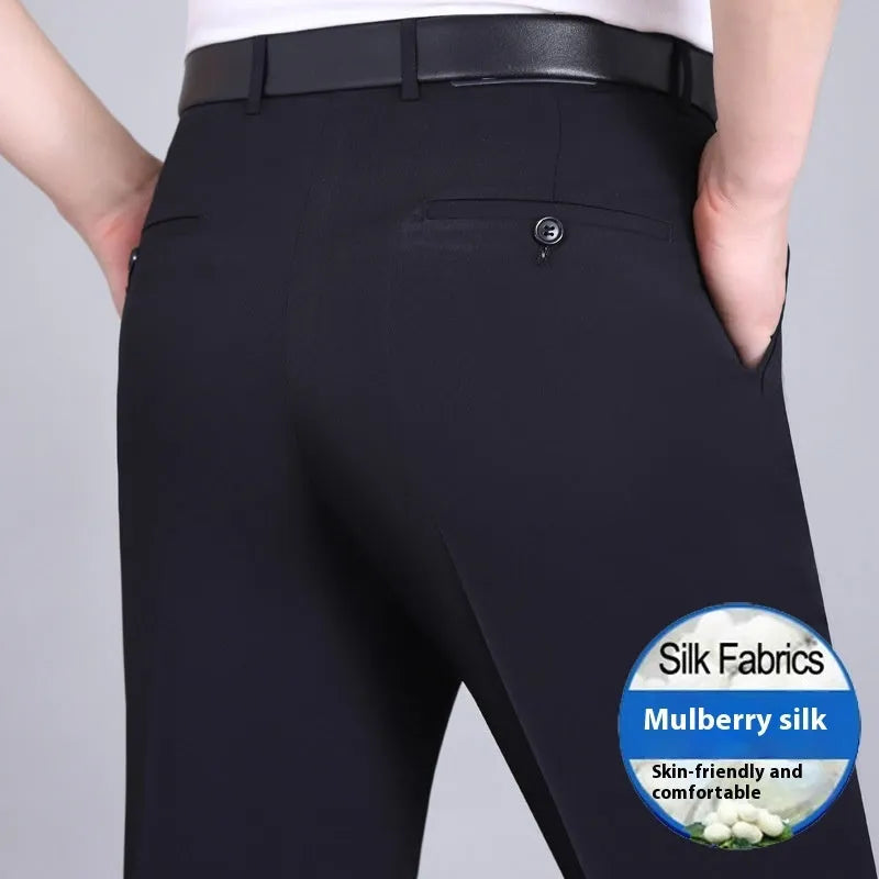 Men's straight-leg business trousers in mulberry silk fabric with non-iron finish