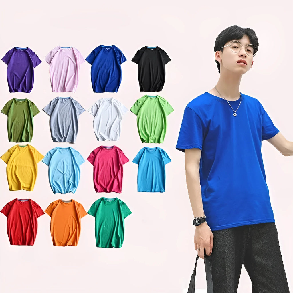 Men's solid colour cotton round neck T-shirt on hanger showing short sleeve casual design
