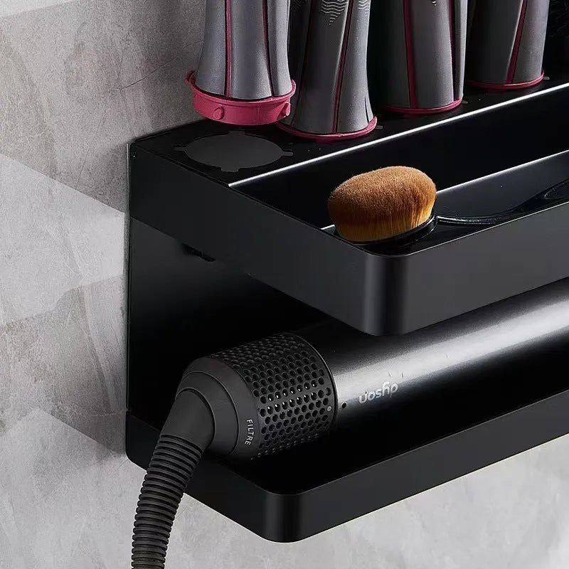 White double-layer aluminium punch-free storage rack holding Marcel Wavers on a bathroom wall.