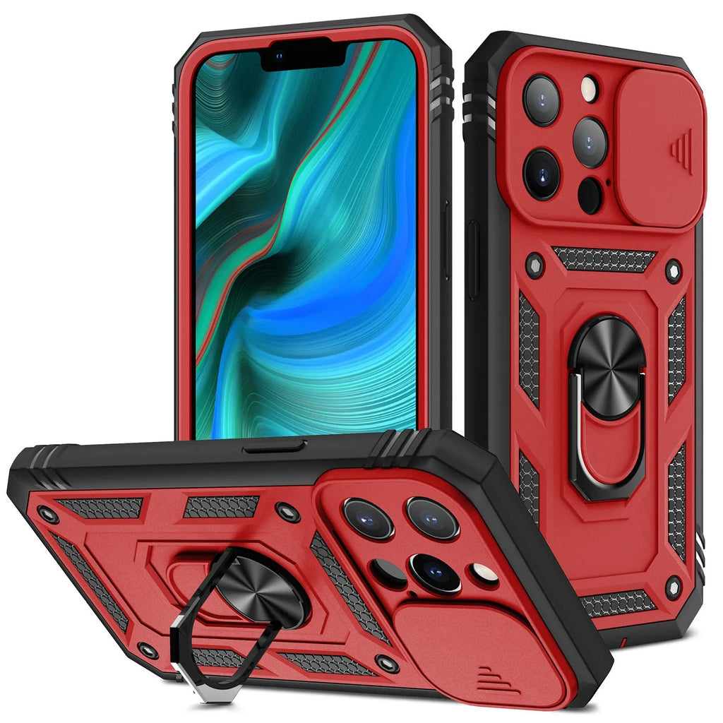 Magnetic iPhone case with sliding kickstand in sapphire blue colour.