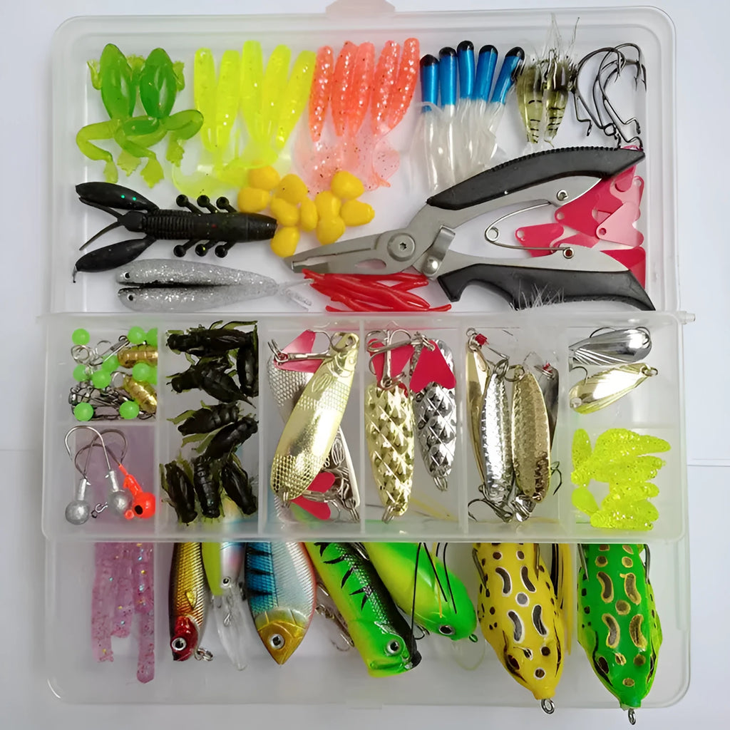 Hard Mino fishing lure set with 142 pieces including sequin lures and fishing pliers
