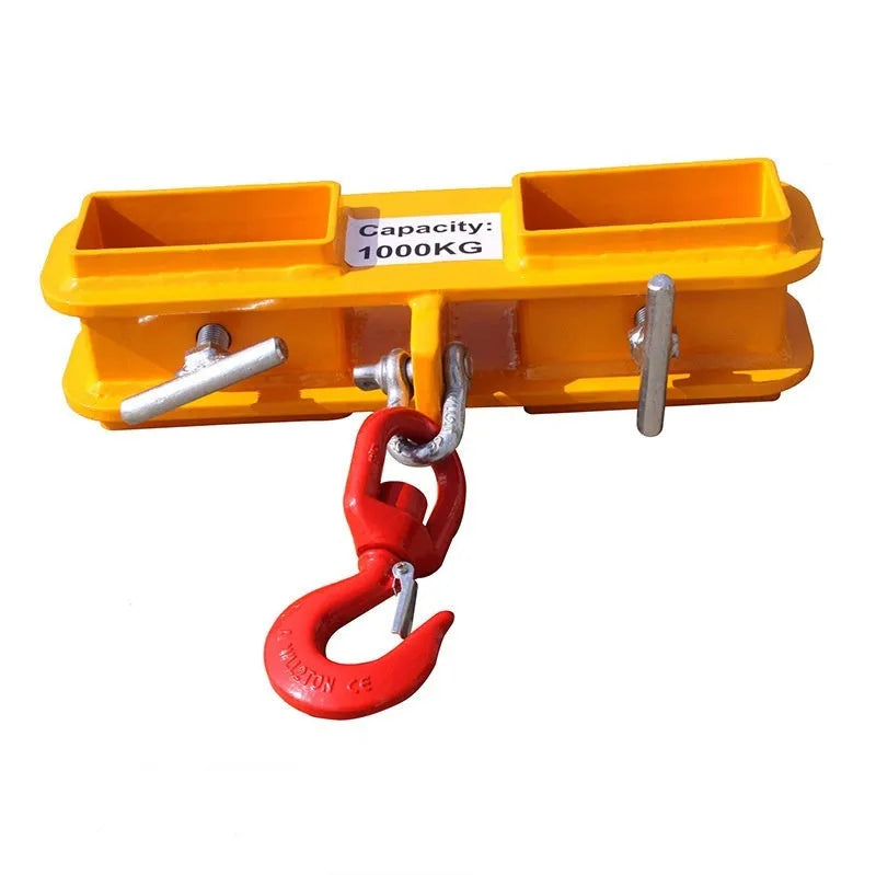 MK forklift hook attachment with rotatable head and safety lock, shown mounted on forklift forks.
