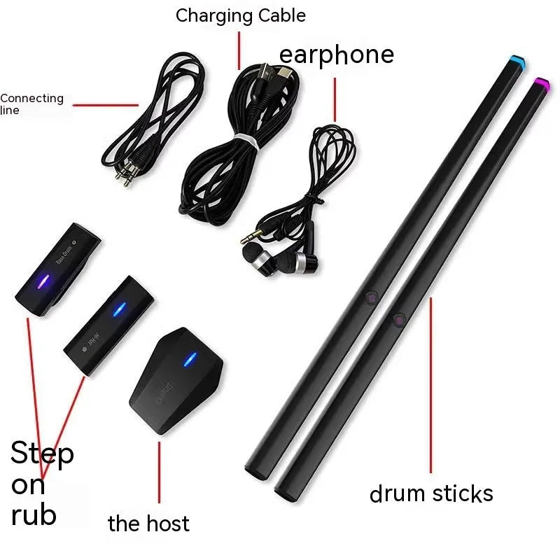 Black wireless somatosensory air drum kit virtual reality toy with LED lights and included drumsticks