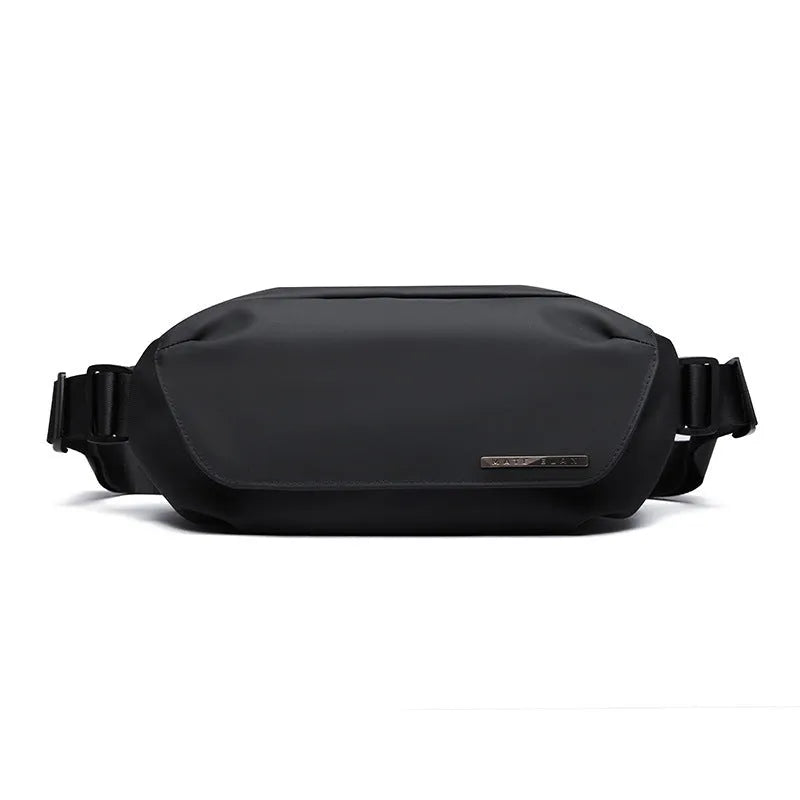 Black men's messenger bag with cross-body strap and Oxford cloth construction