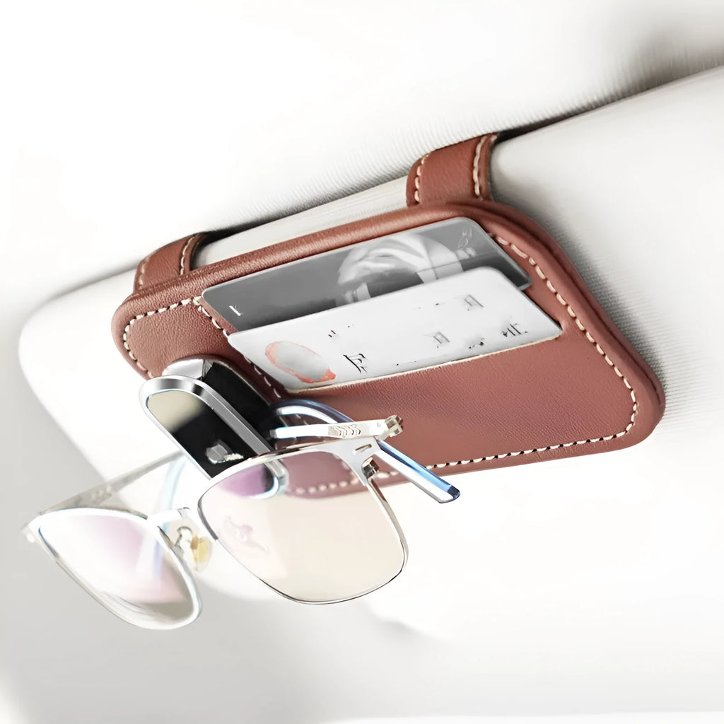 Automotive sun louver card holder in cowhide leather with snap-on clip for vehicle organisation