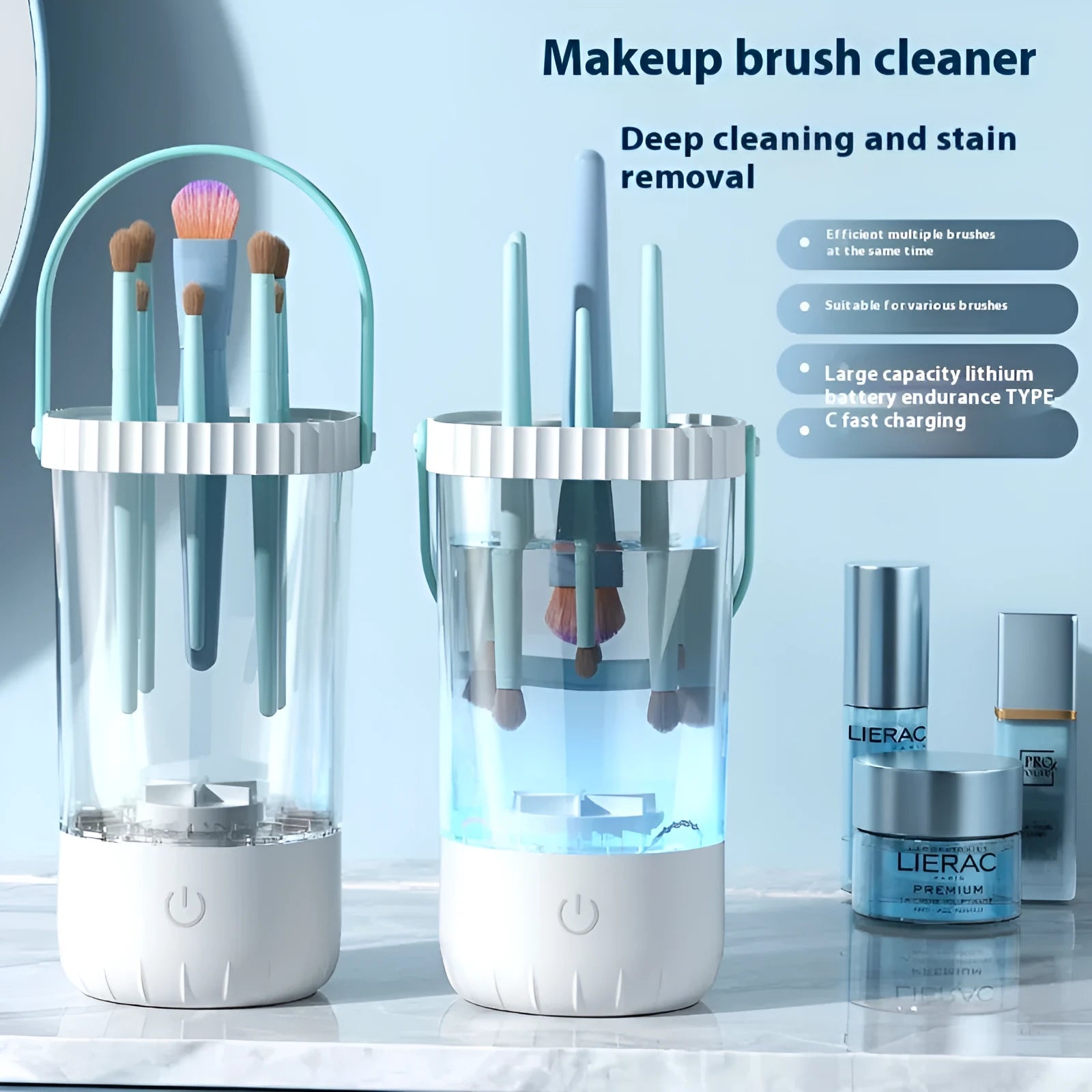 White rechargeable electric makeup brush cleaner with USB charging cable 24cm