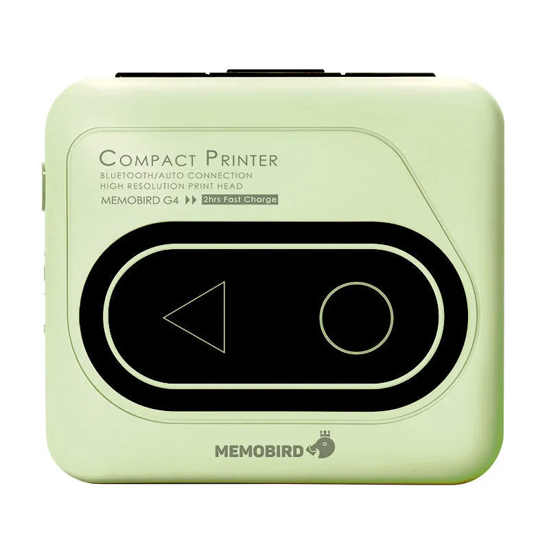 Portable Bluetooth thermal mini printer in avocado green, pink, yellow duck, or white, showing compact size next to a smartphone.