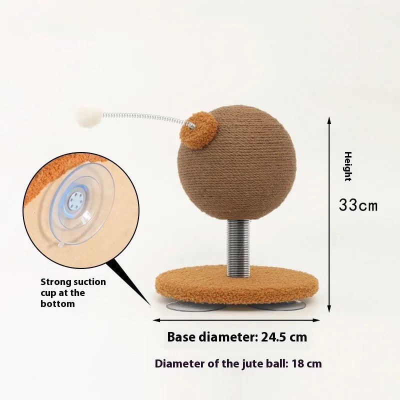 A hemp rope cat scratching board, shown with a choice of cat grasping ball or tumbler accessory.
