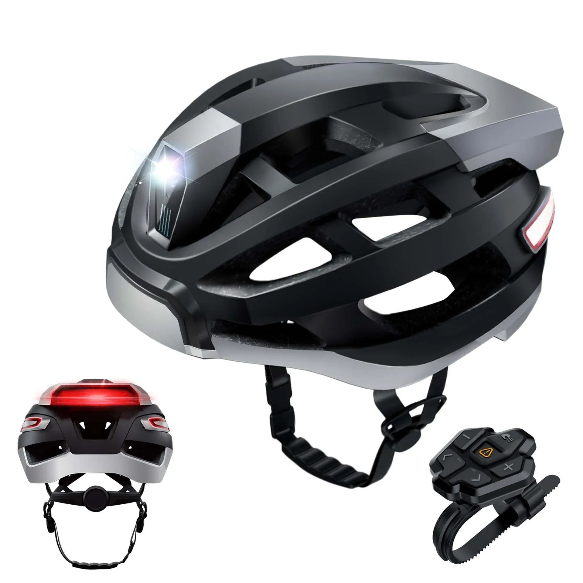 Black and grey smart cycling helmet with integrated LED warning lights on adult model