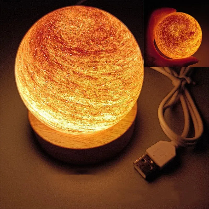Planet decorative night light with USB cable and adjustable three-colour lighting on base