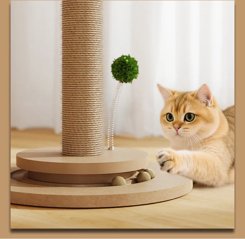 Vertical cat climbing frame with sisal scratching posts and cantilevered perches in cane colour