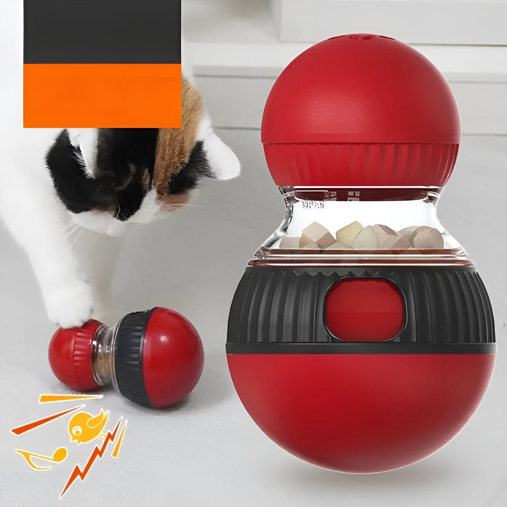 Super ball colour rotating cat toy with sound effects and food dropping mechanism