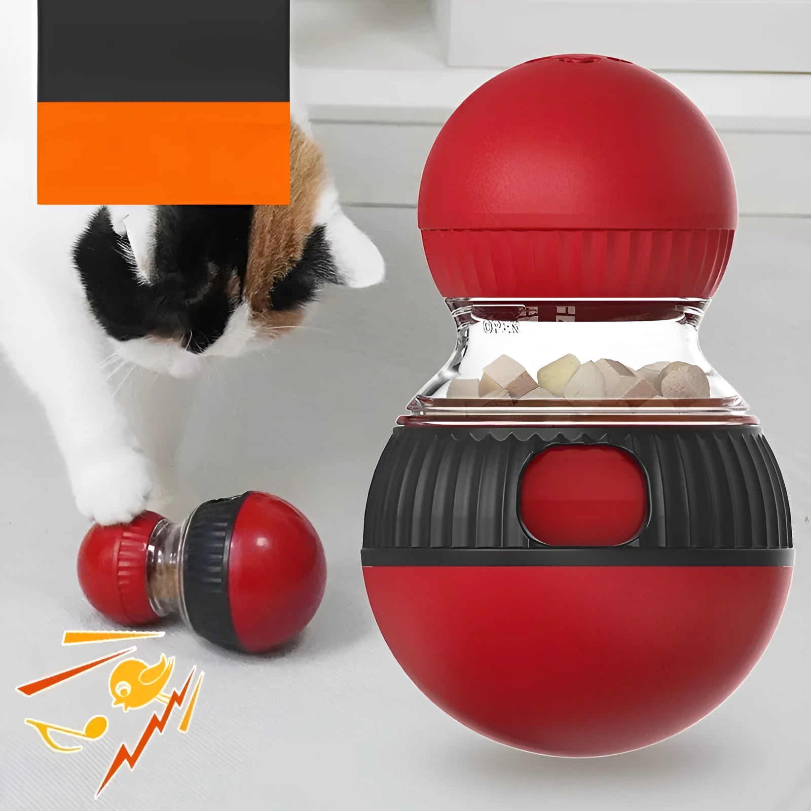 Super ball colour rotating cat toy with sound effects and food dropping mechanism