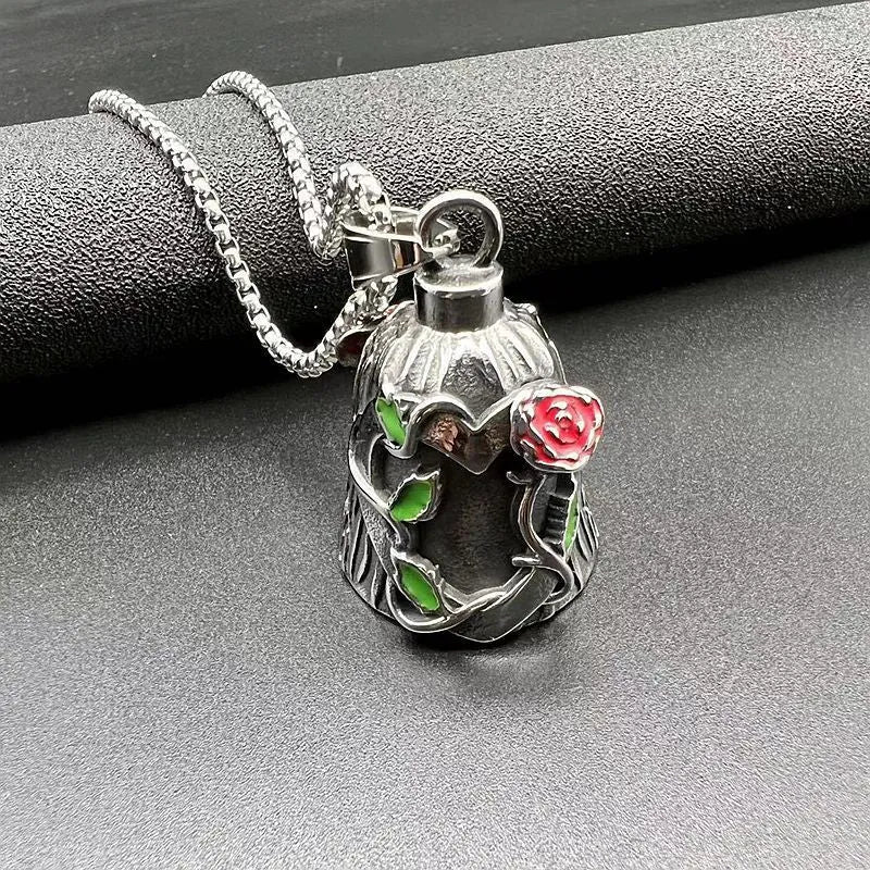 Titanium steel motorcycle lucky bell with vintage polished finish showing double-sided epoxy rose design