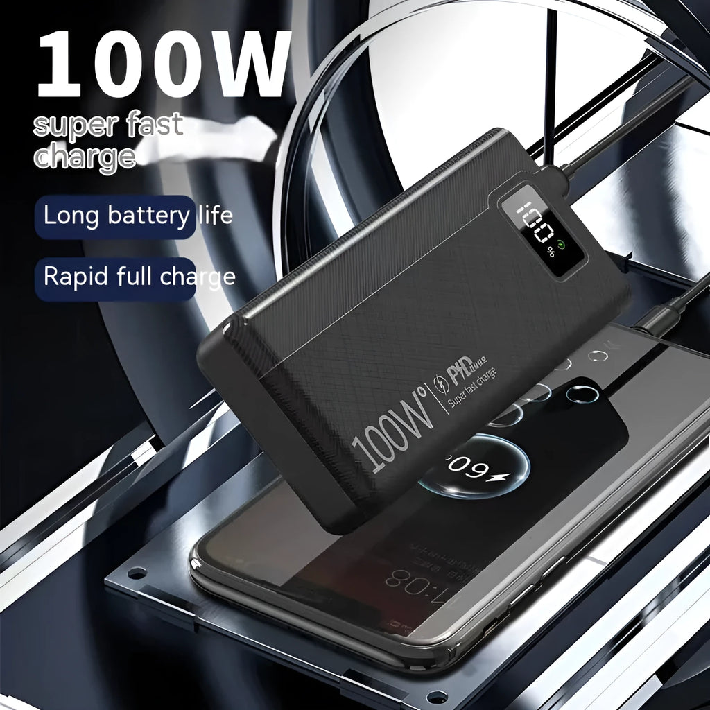 Black and white large capacity power bank with fast charging, showing size comparison