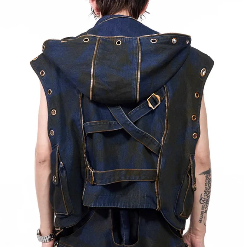 Blue polyester Korean-style hooded denim vest coat outfit with matching trousers on model