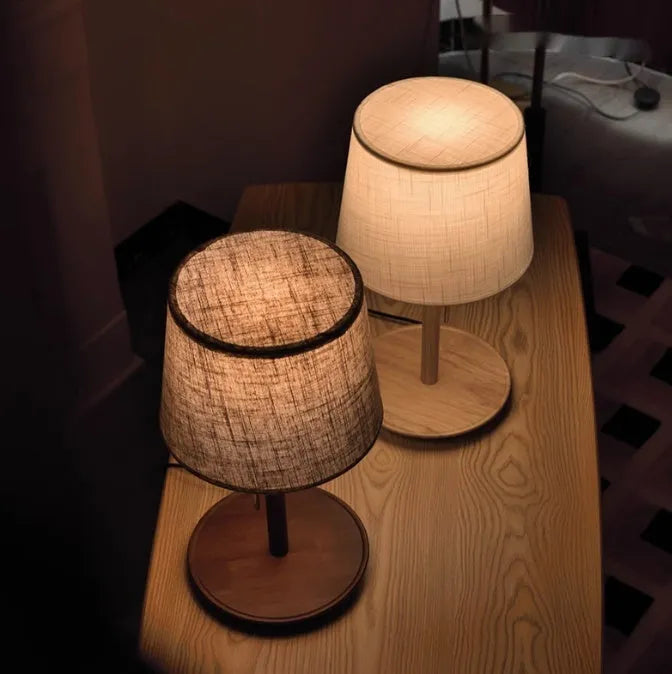 Walnut solid wood bedside lamp with fabric shade and cable switch