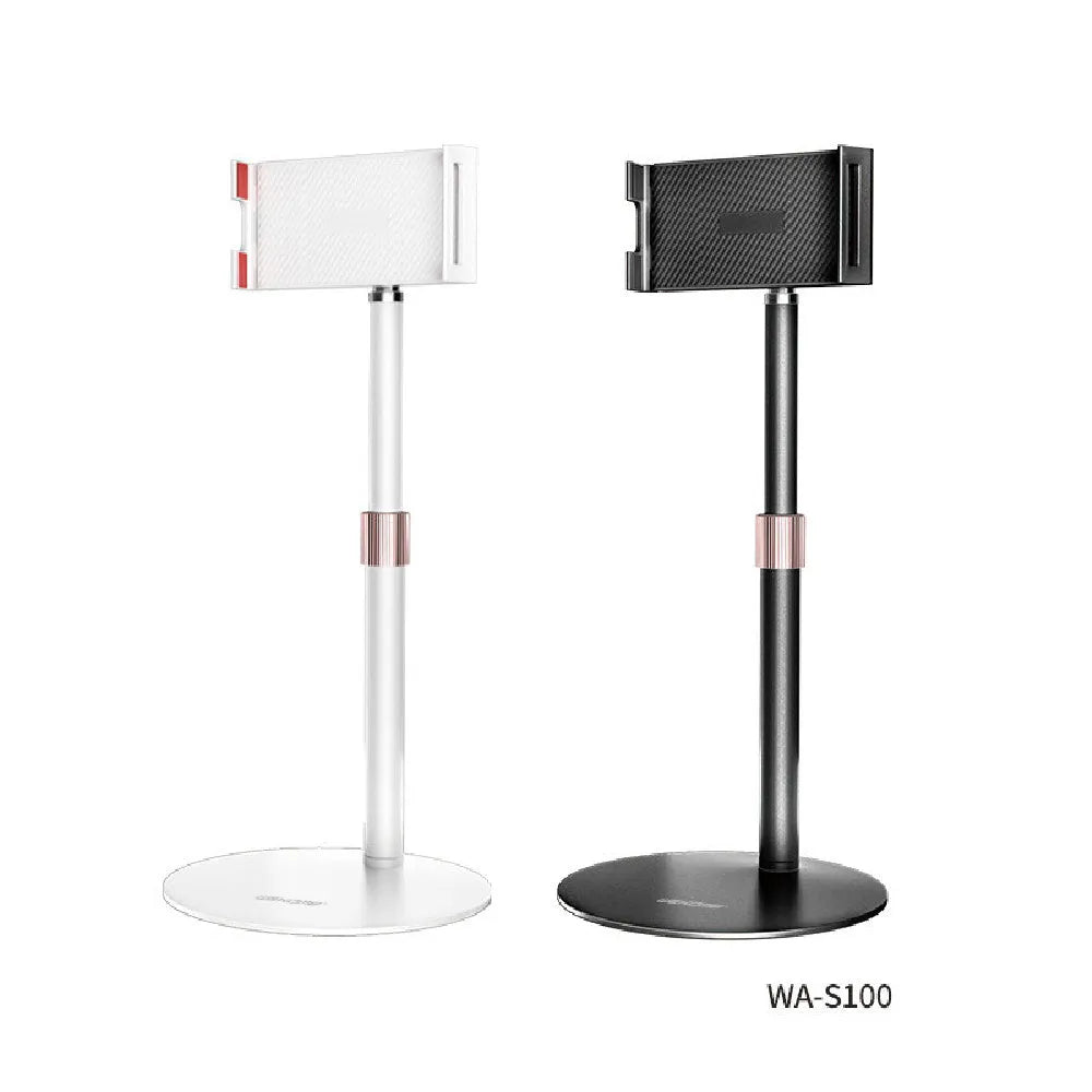 Black lifting metal tablet bracket with telescopic arm extended, holding an 11-inch tablet on a desk.