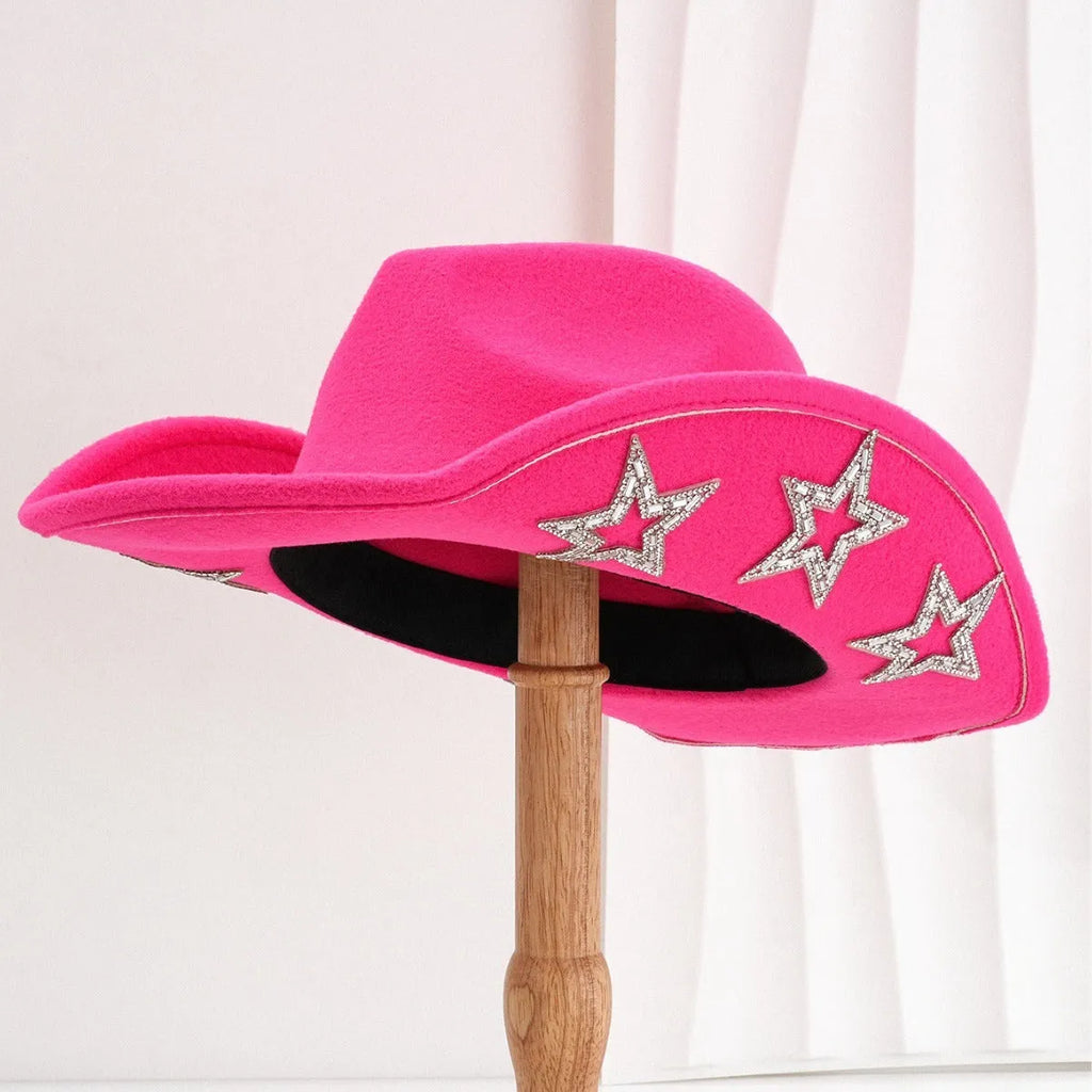 Western denim top hat in polyester woolen felt with conical crown and hexagonal star decoration