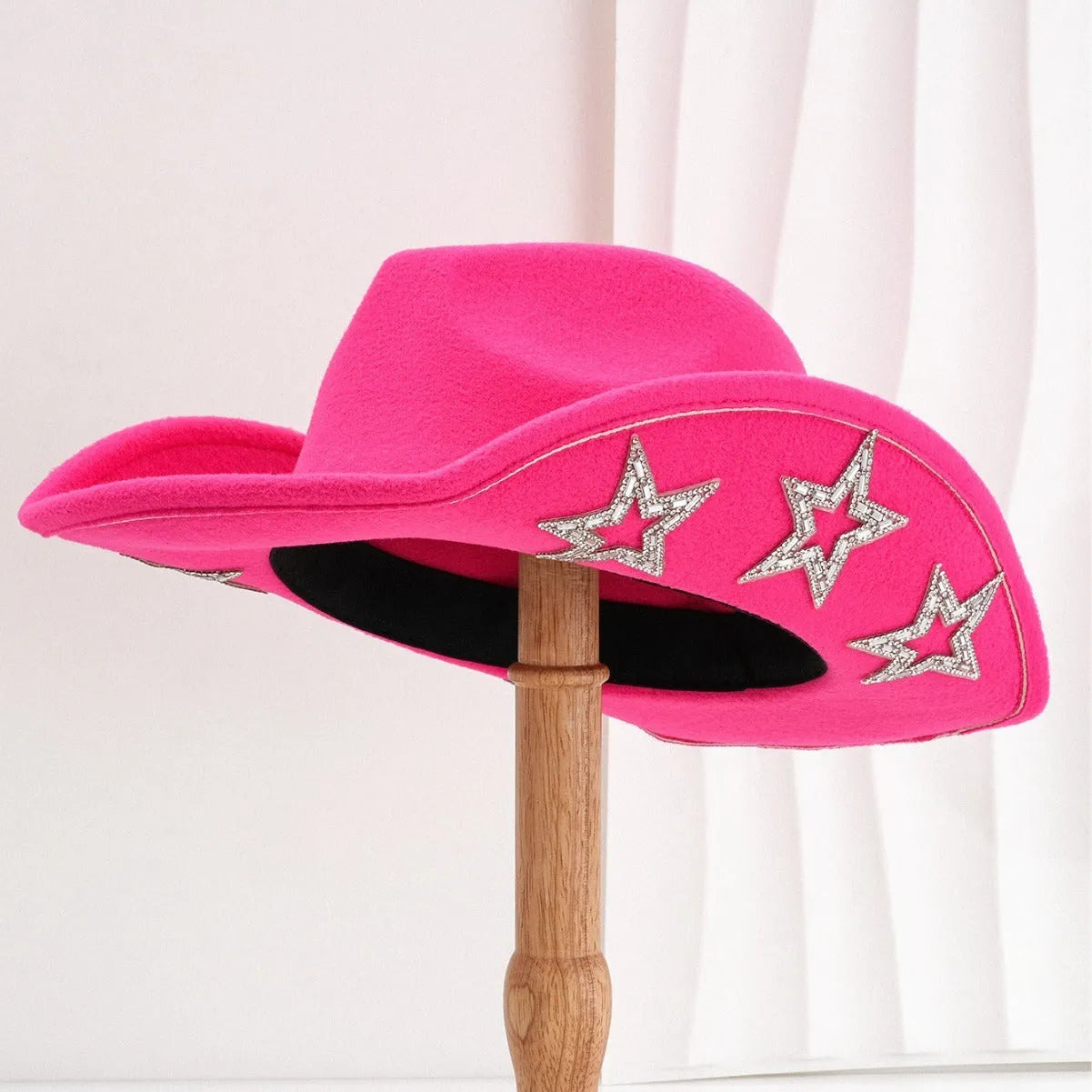Western denim top hat in polyester woolen felt with conical crown and hexagonal star decoration