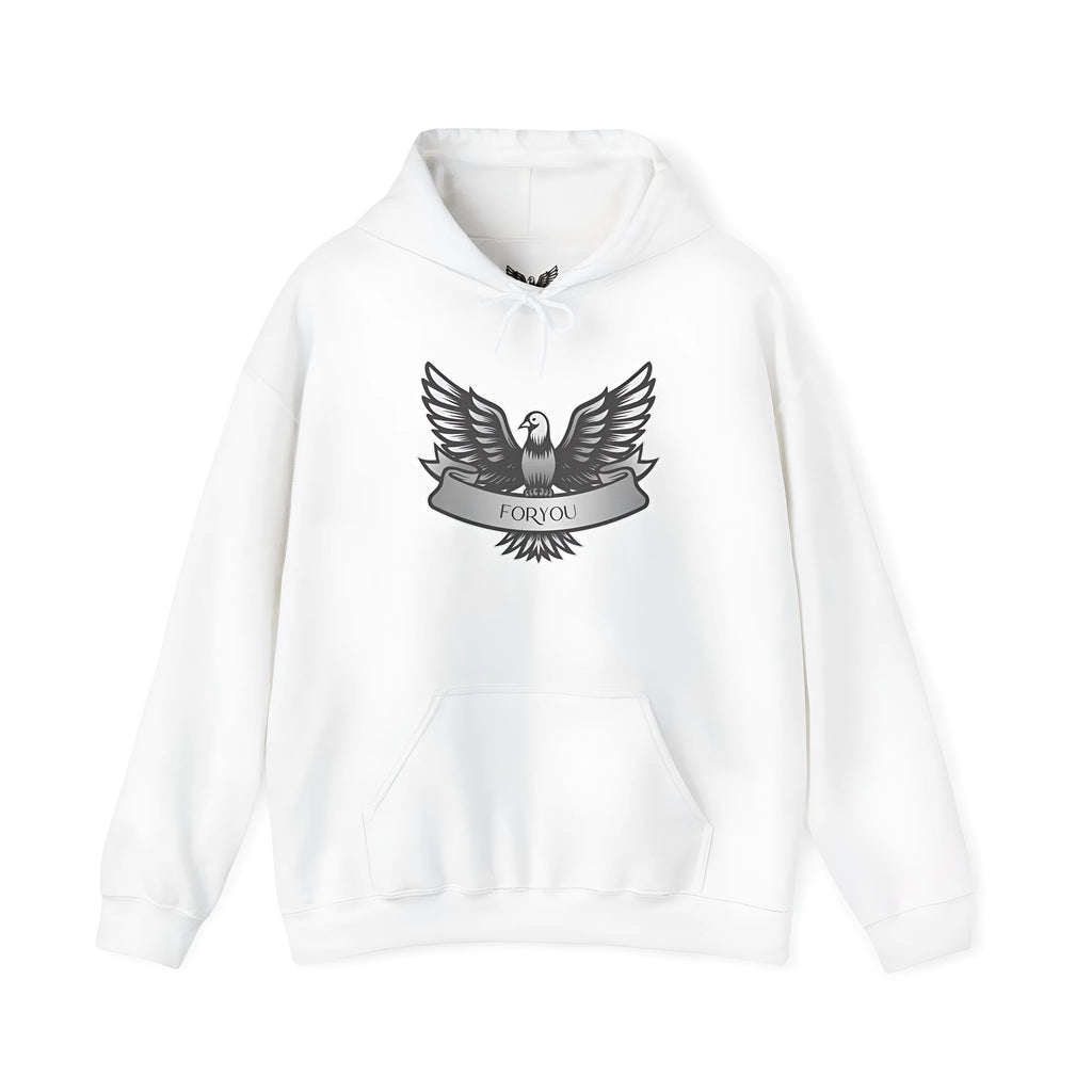 White solid colour cotton blend pullover hoodie for men and women on a mannequin.