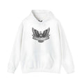 White solid colour cotton blend pullover hoodie for men and women on a mannequin.