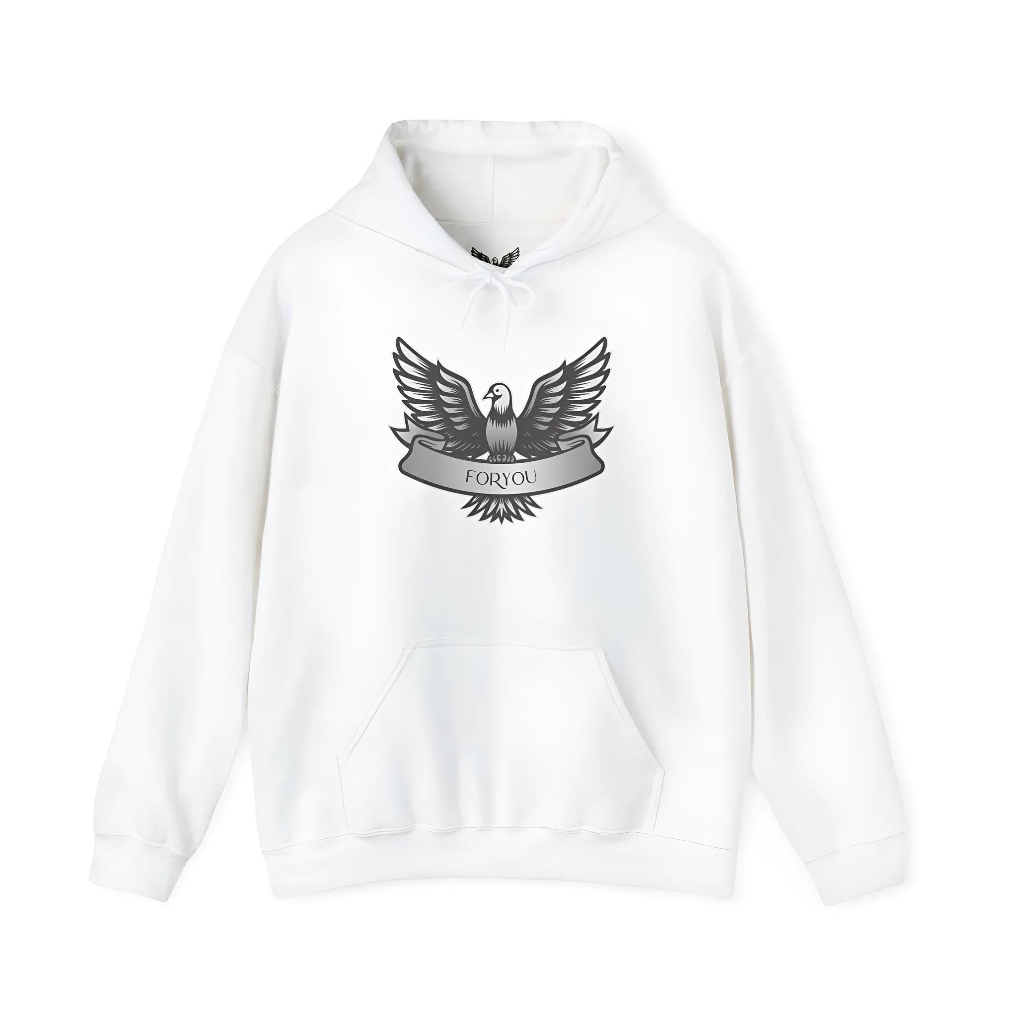 White solid colour cotton blend pullover hoodie for men and women on a mannequin.