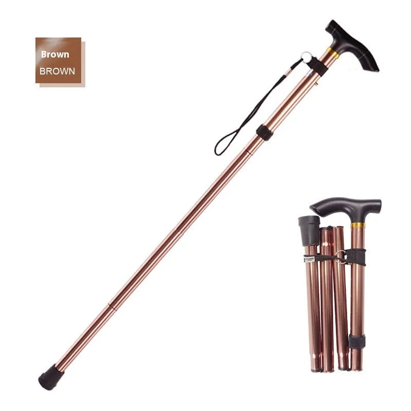 Aluminium folding walking stick extended to show height adjustment and non-slip rubber handle