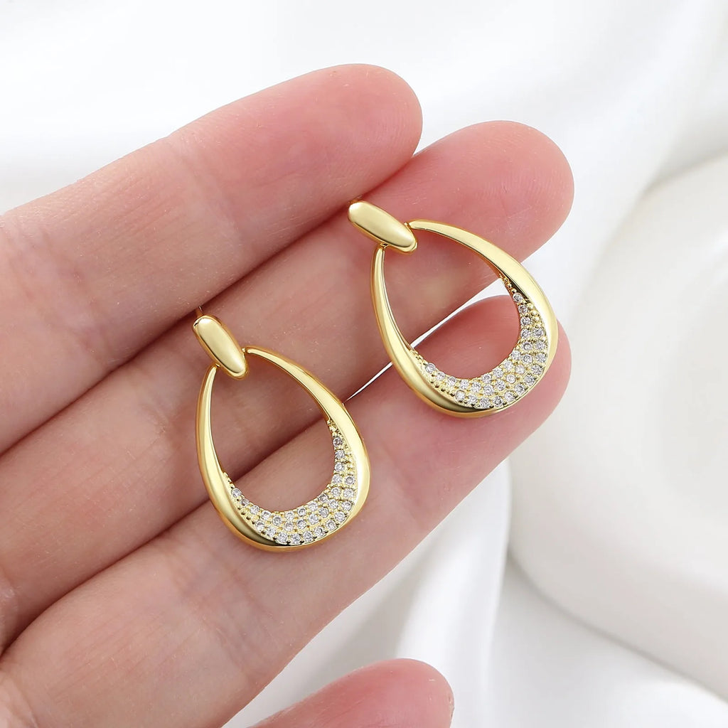 Women's copper geometric drop earrings with zircon details and electroplated yellow gold finish