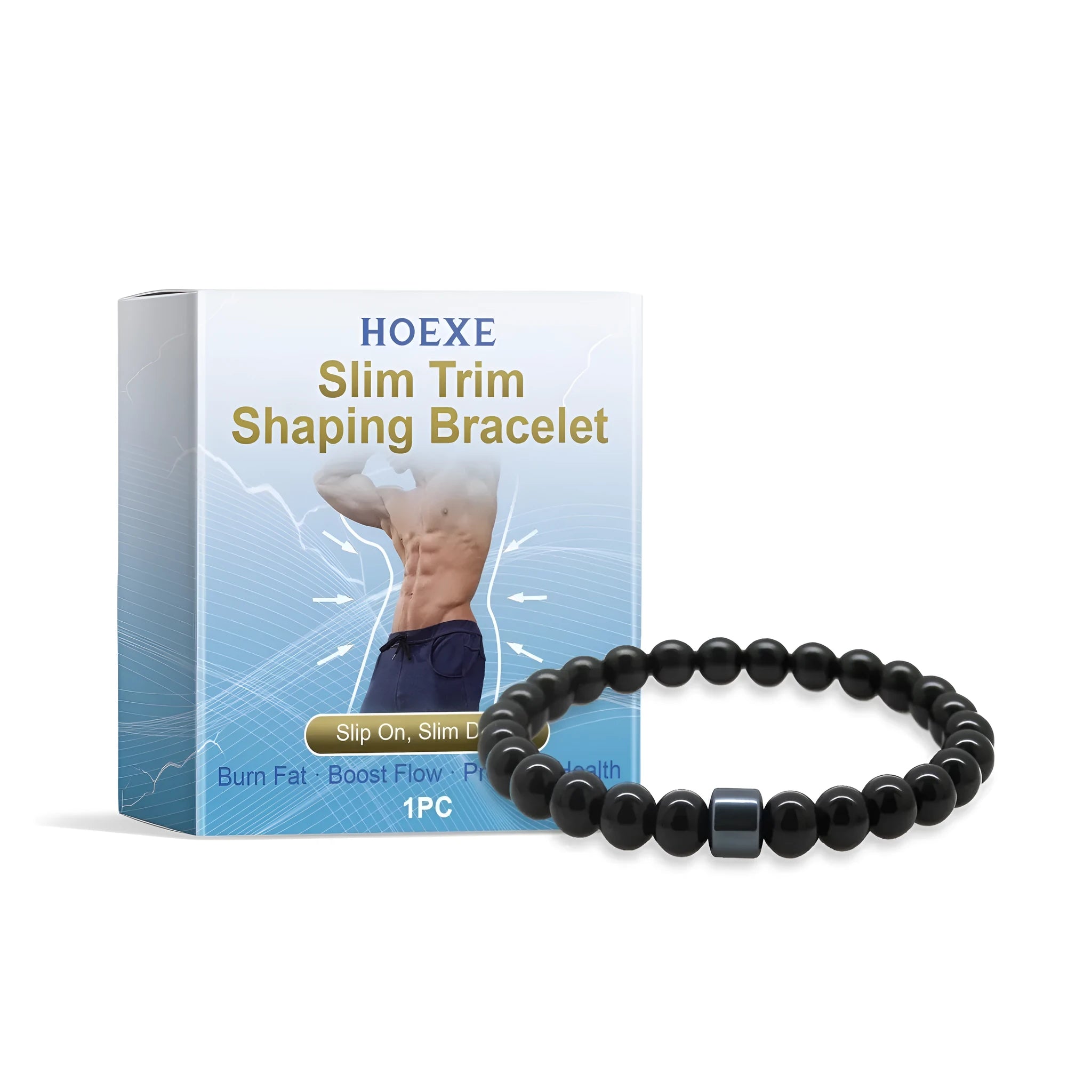 Men's body shaping wristband made of glass and black gallstone, a unisex adult jewellery accessory.