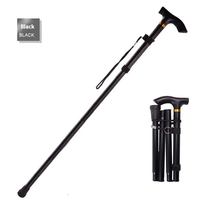 Aluminium folding walking stick extended to show height adjustment and non-slip rubber handle