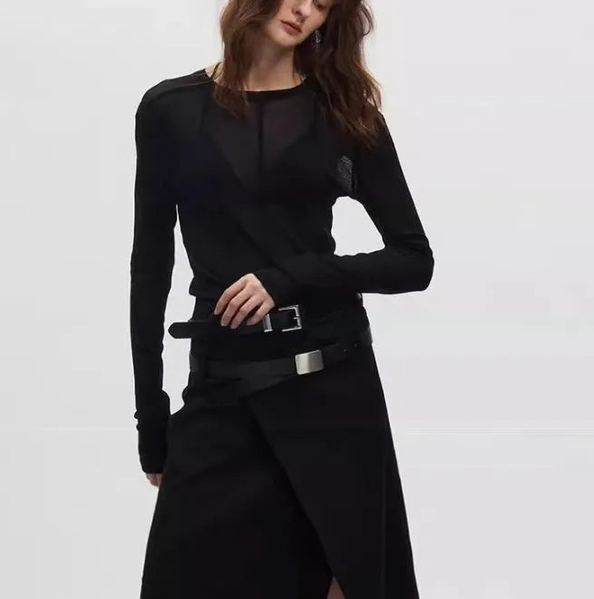 Black mesh texture slim-fit pullover with long sleeves and round collar