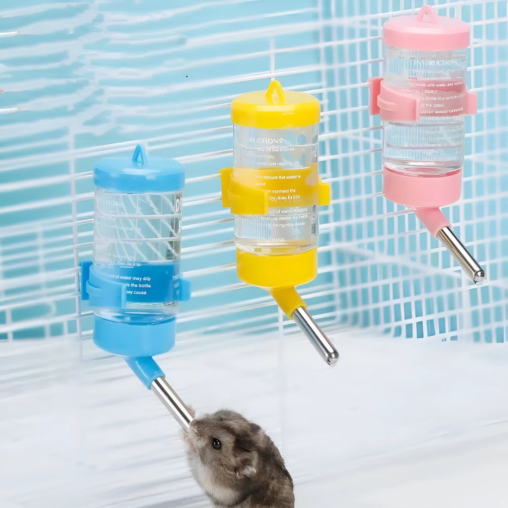 Ball kettle style plastic pet water feeder with a glass tube, shown in green, yellow, pink, white, and sky blue.