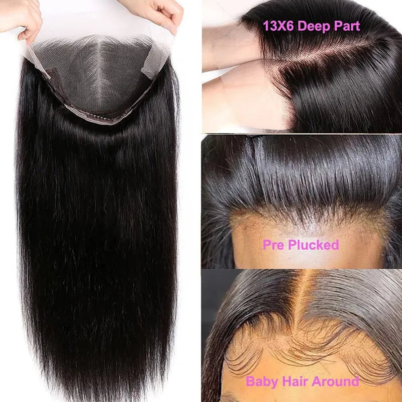 Straight black human hair lace front wig with 13x6 parting displayed at various lengths.