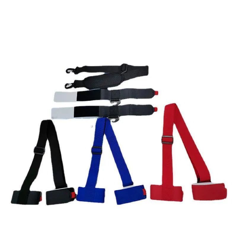 Portable adjustable ski bandage strap in black showing hook and loop fastening system for equipment transport