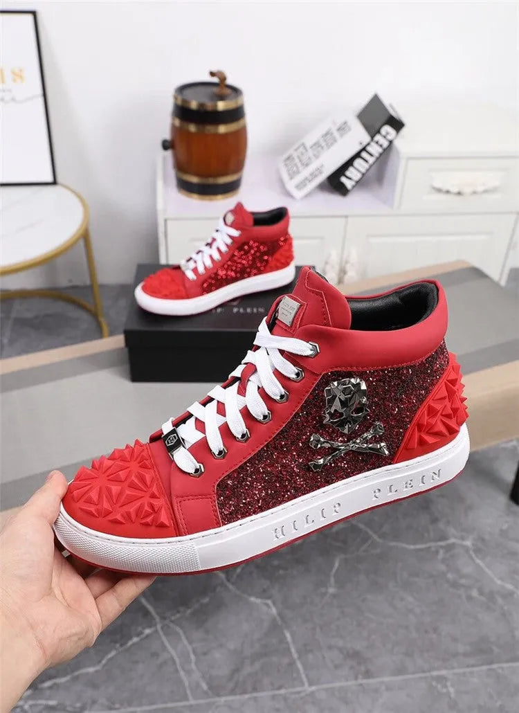 Men's genuine leather high top skeleton shoes with lace-up closure and rubber sole