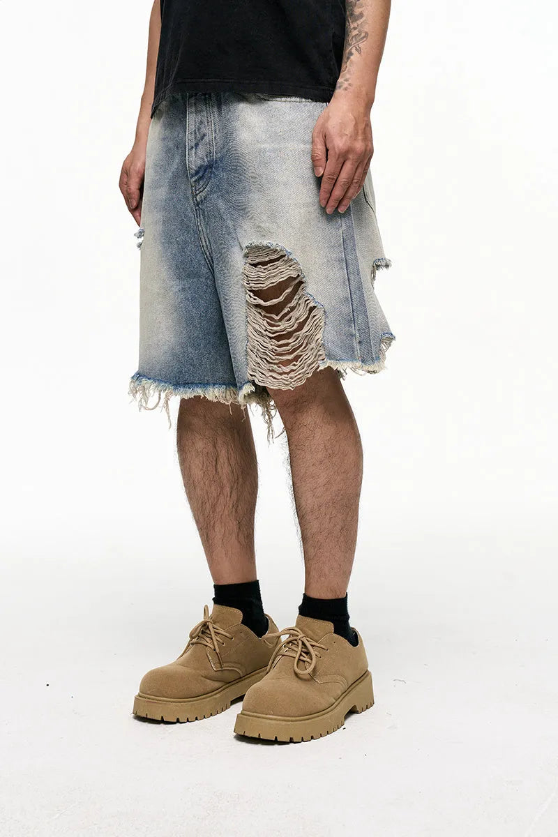 Light blue retro washed denim shorts with wide leg baggy cut and fifth pants length