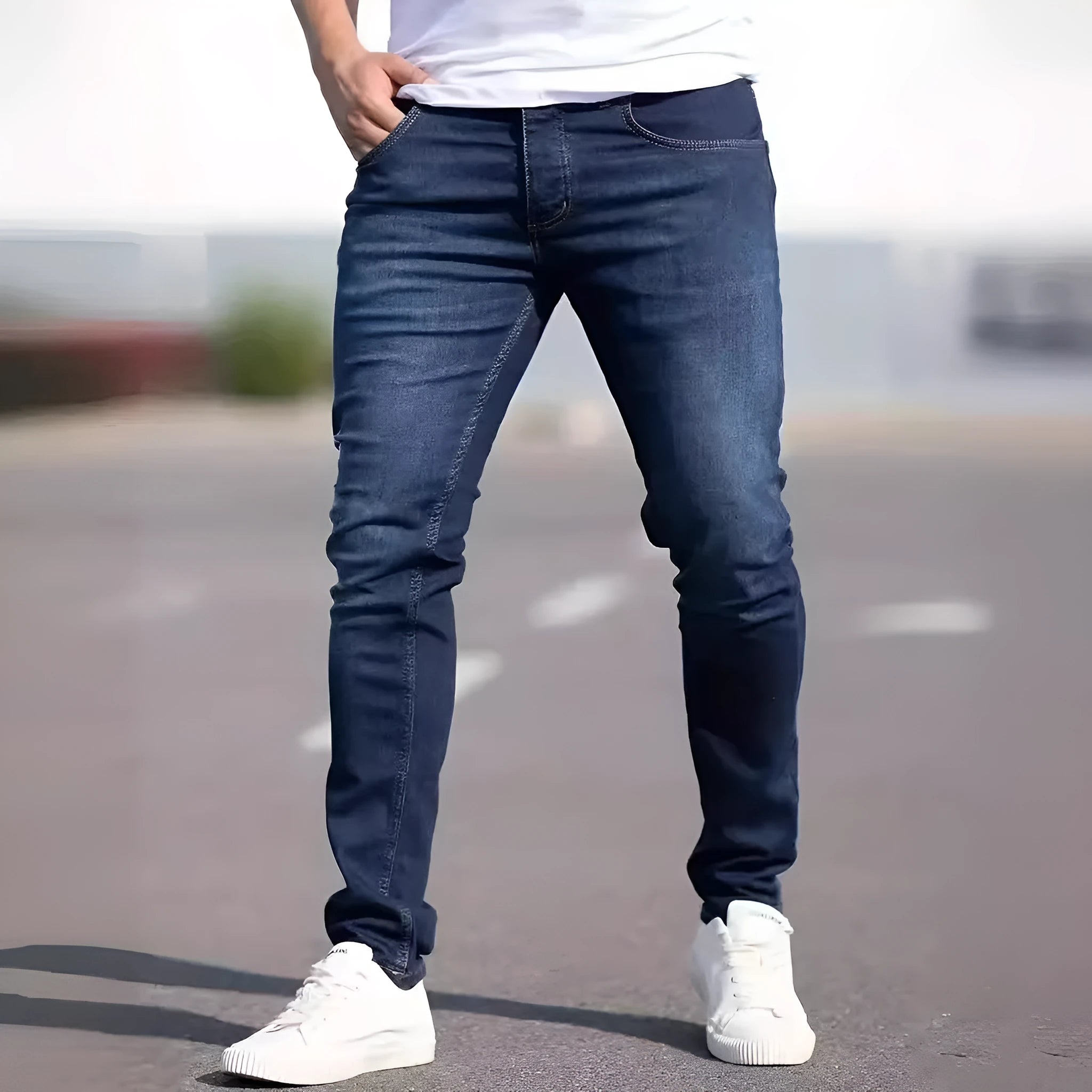Dark blue men's slim-fit casual jeans with a worn finish and skinny leg opening.
