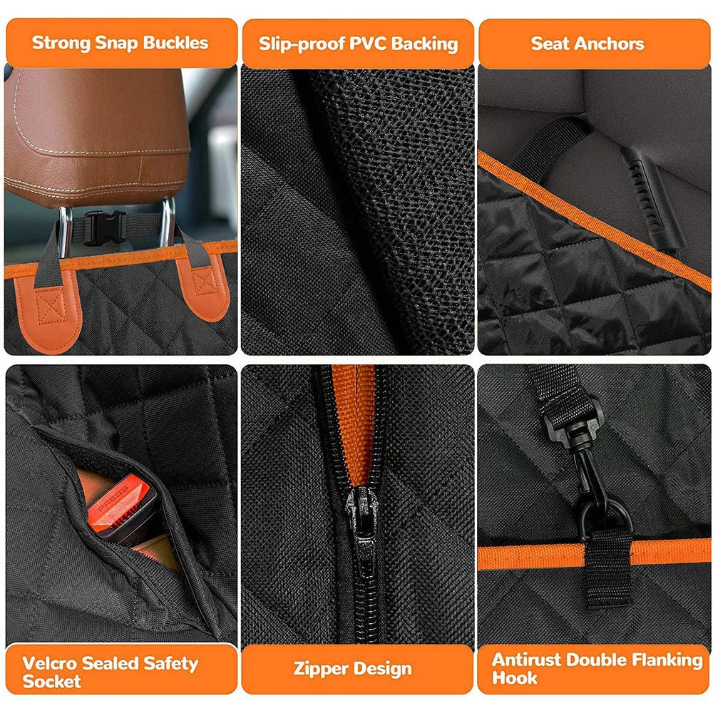 Black orange edge waterproof pet car mat with mesh window and accessory pocket