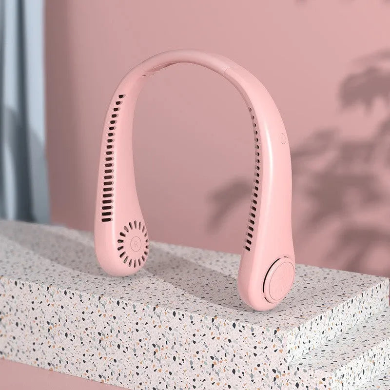 Blue USB rechargeable bladeless neck fan being worn, showing adjustable speed buttons and flexible neckband