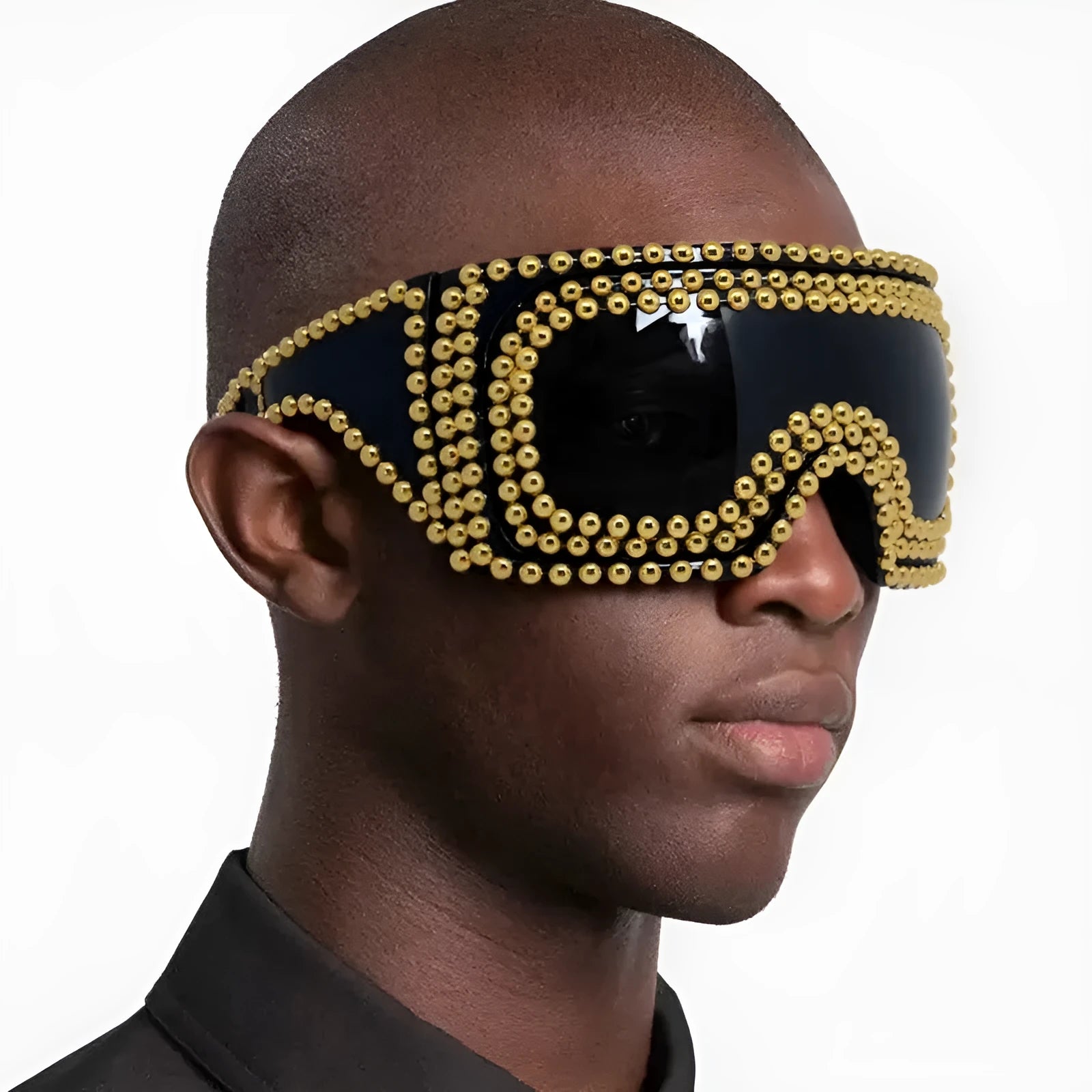 Men's punk sunglasses with large square frame and metal rivet detailing in silver colour