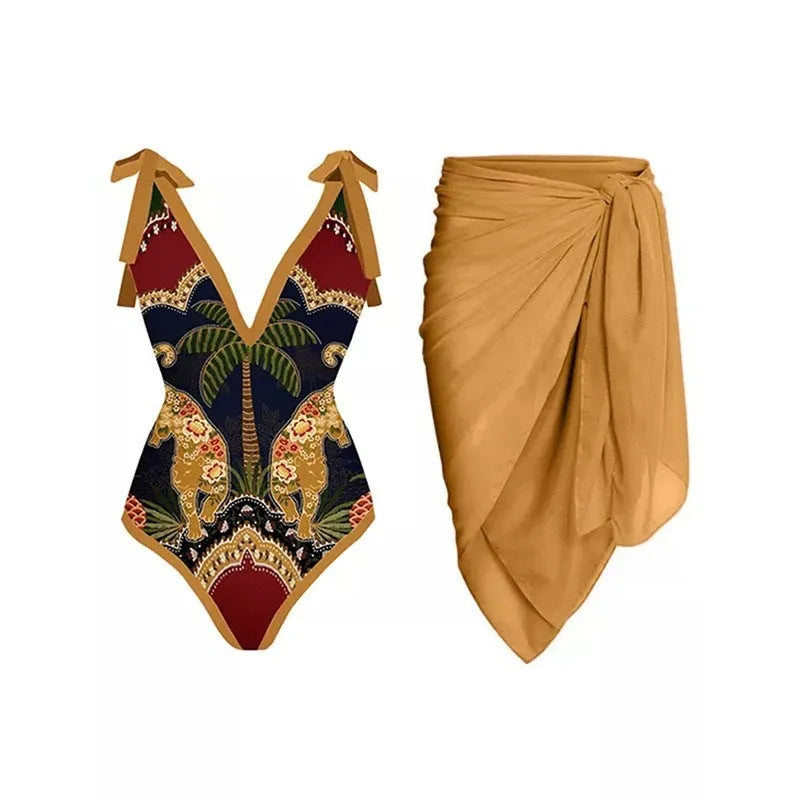 Women's solid colour one-piece swimsuit with thin spaghetti straps and a matching detachable skirt.