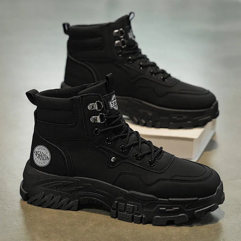 Men's mid-heel Martin boots in black or yellow with artificial PU upper and injection moulded sole