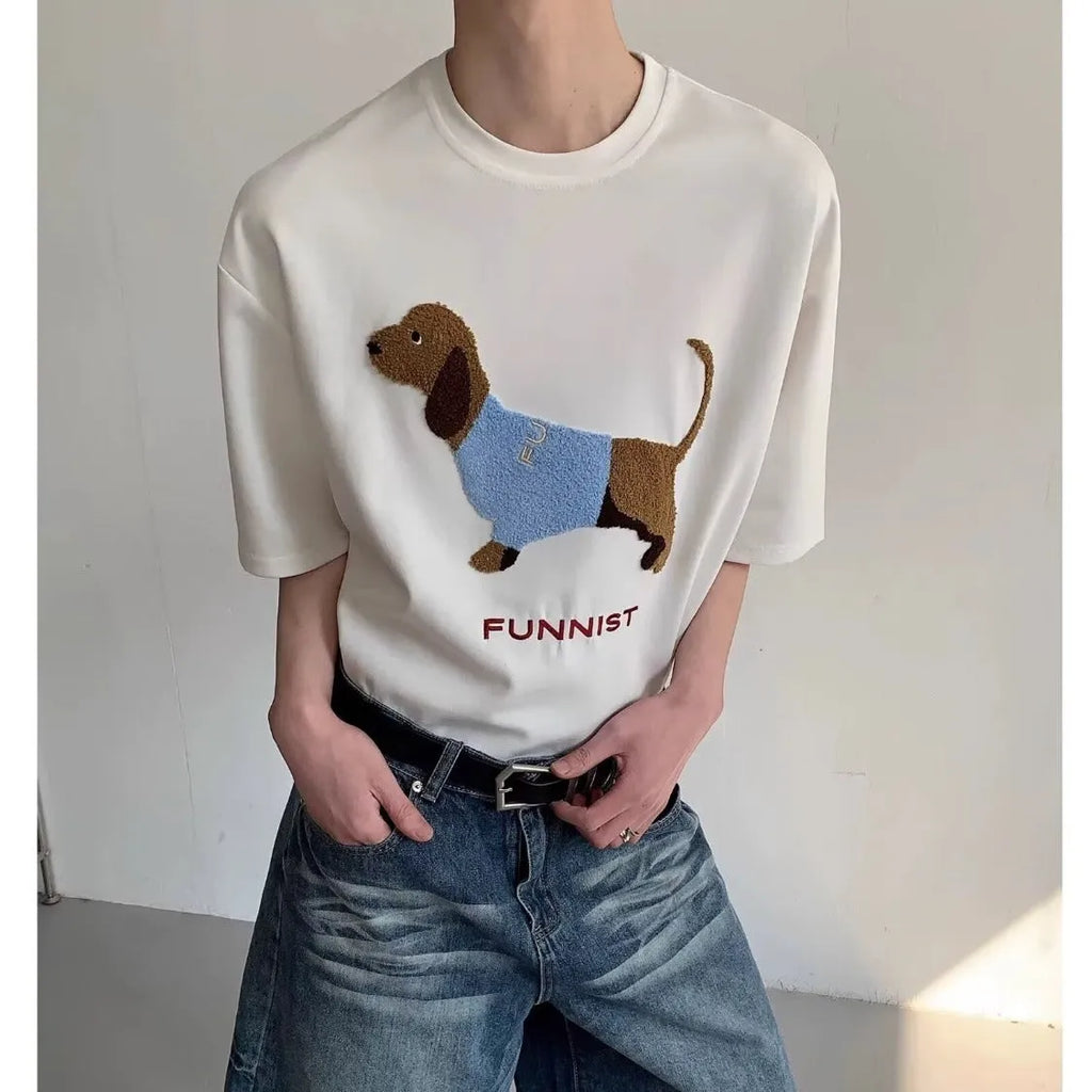 Grey men's round neck T-shirt with an embroidered dachshund dog design on the chest.