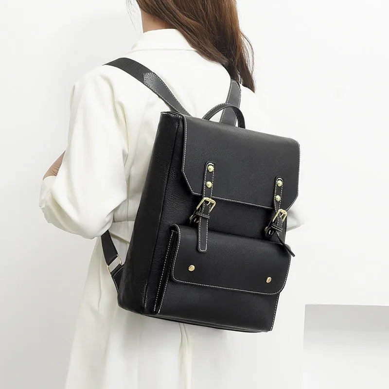 Korean style retro simple backpack in soft PU leather, shown in one of four colour options.