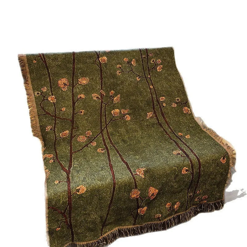 Green plum blossom woven polyester sofa cover, 130 x 160cm including tassel, New Chinese style
