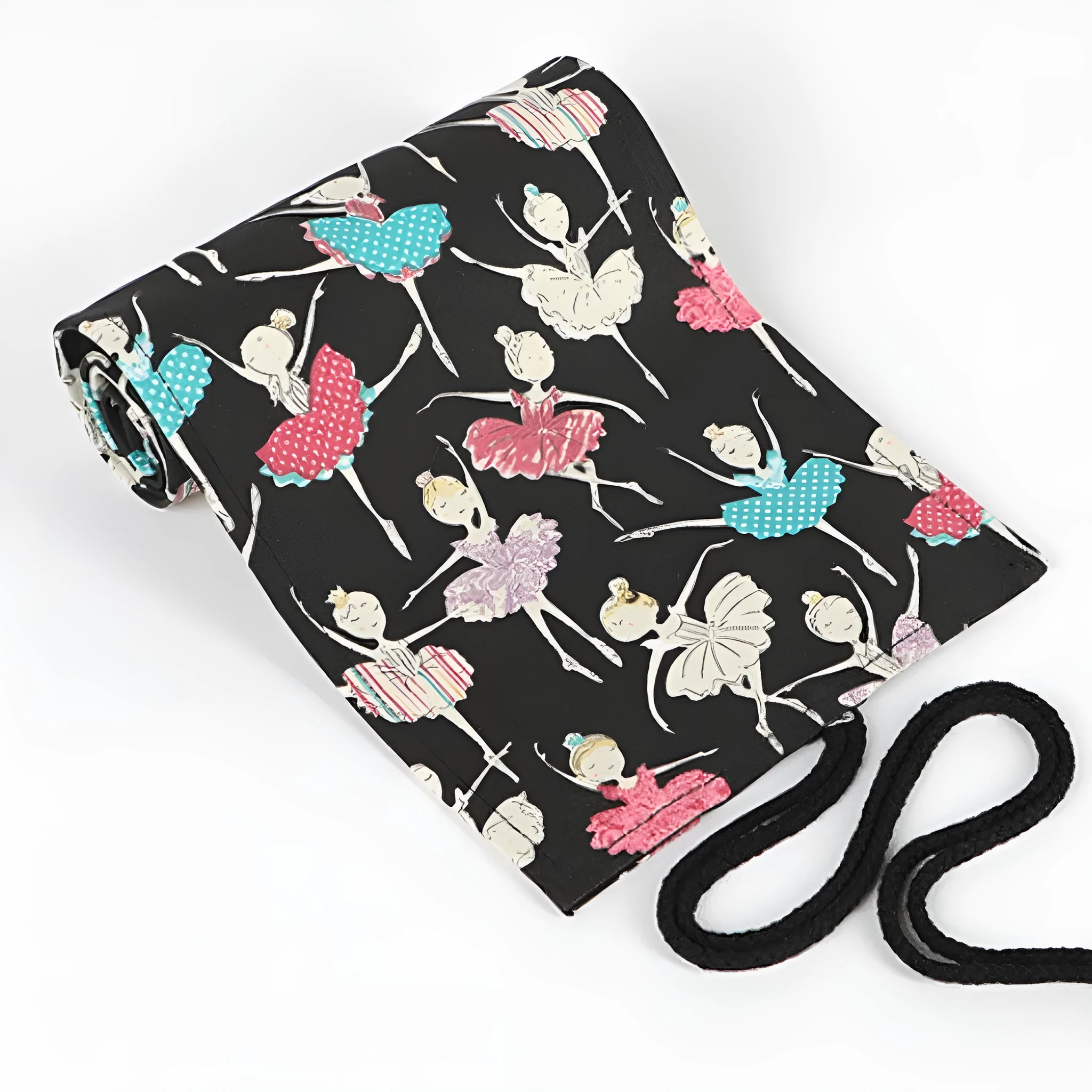 Canvas pencil case roll with ballet girl print, shown unrolled to display multiple pencil pockets.