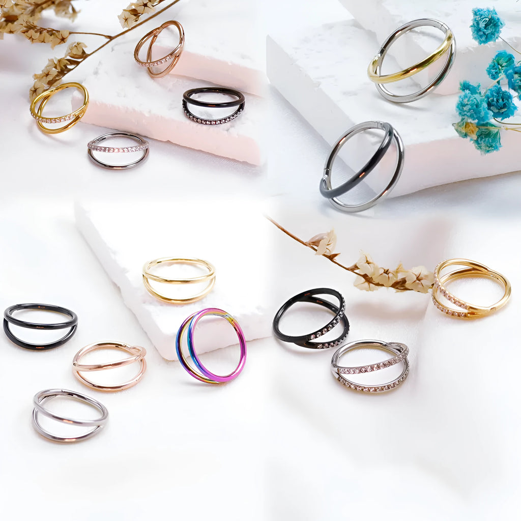 Titanium alloy fork nose ring for body piercing in silver, shown next to size options from 6mm to 12mm.